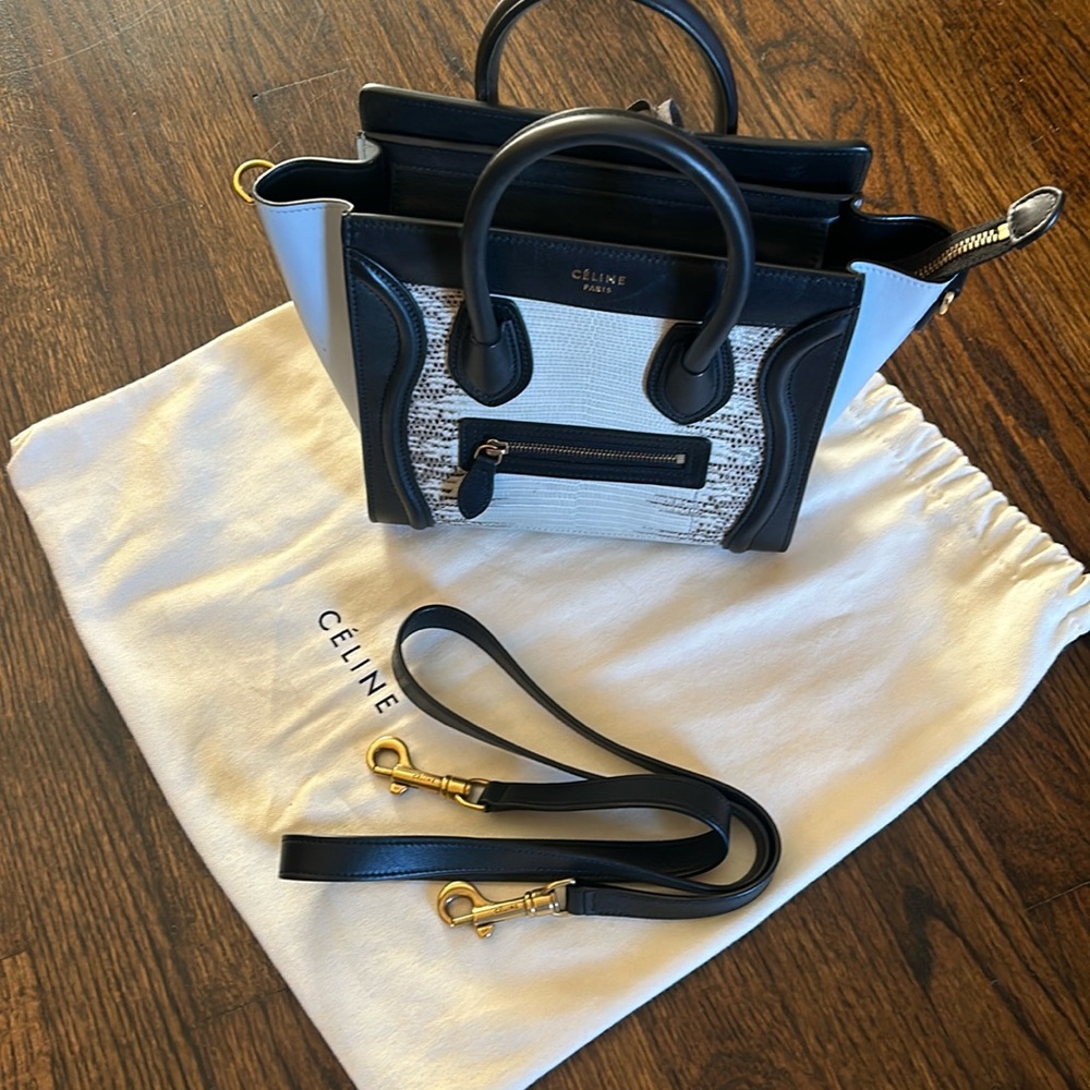 Authentic Celine Nano w/ Shoulder strap Luggage in Black Ice Blue Snakeskin
